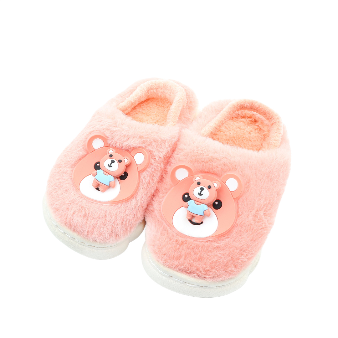 Papuci de cameră copii M26-457, imprimeu ursuleț, textil pluș, talpa din cauciuc, multicolor, marimea - Roz