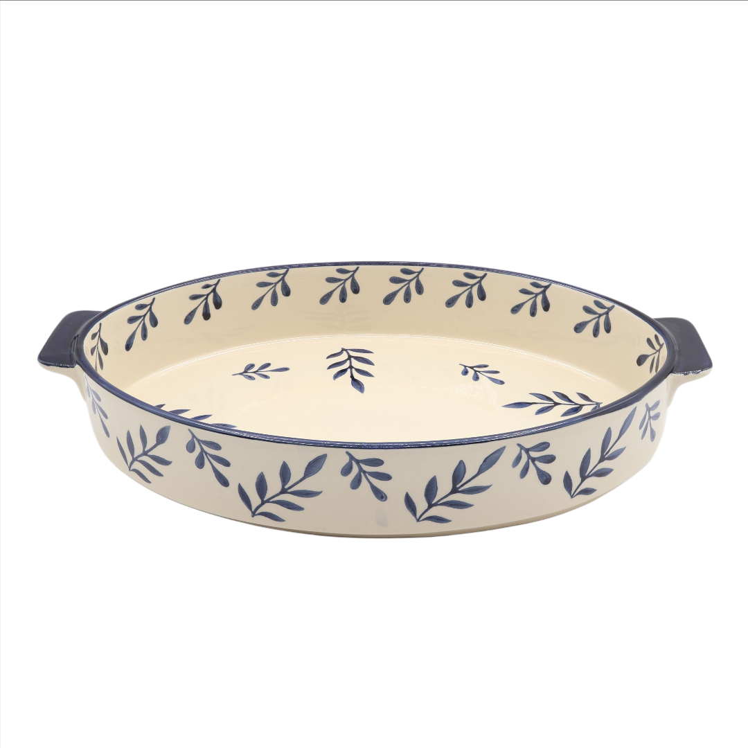 Tavă pentru copt M26-184, ceramică, imprimeu frunze albastre, oval, 2200 ml, 39 x 23.5 x 6.5 cm