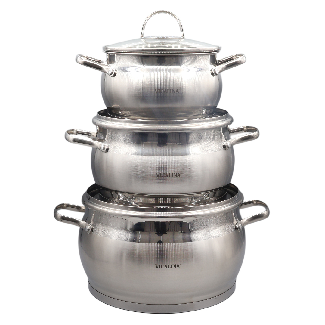 Set din 3 cratițe Vicalina VL-365, oțel inoxidabil, cu capac, (18 cm - 2.9 L), (22 cm - 5.2 L), (26 cm - 8.2 L)