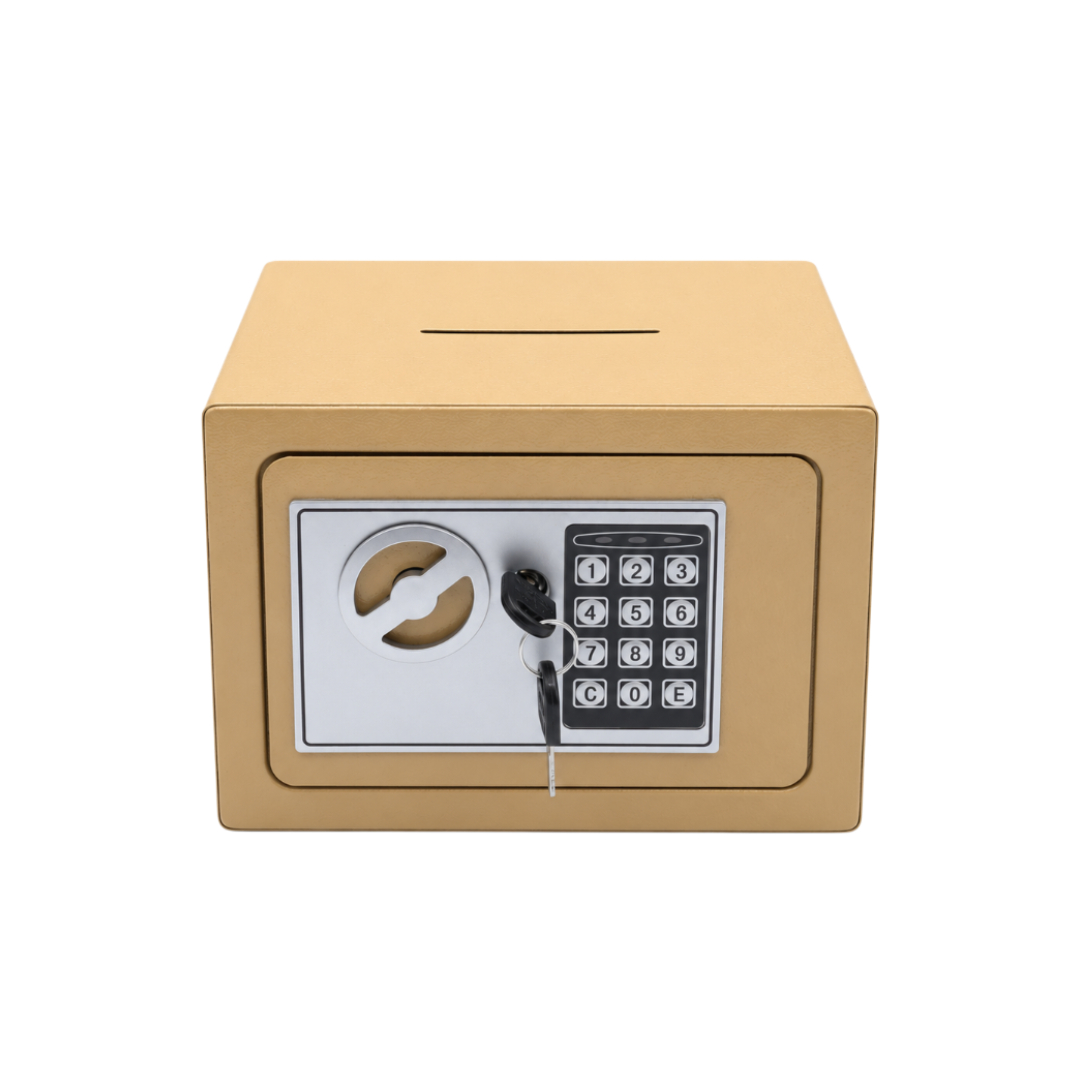 Pușculiță seif electric M28-46, încuietoare electronică și cheie, metal, maro, 23 x 17 x 16,8 cm