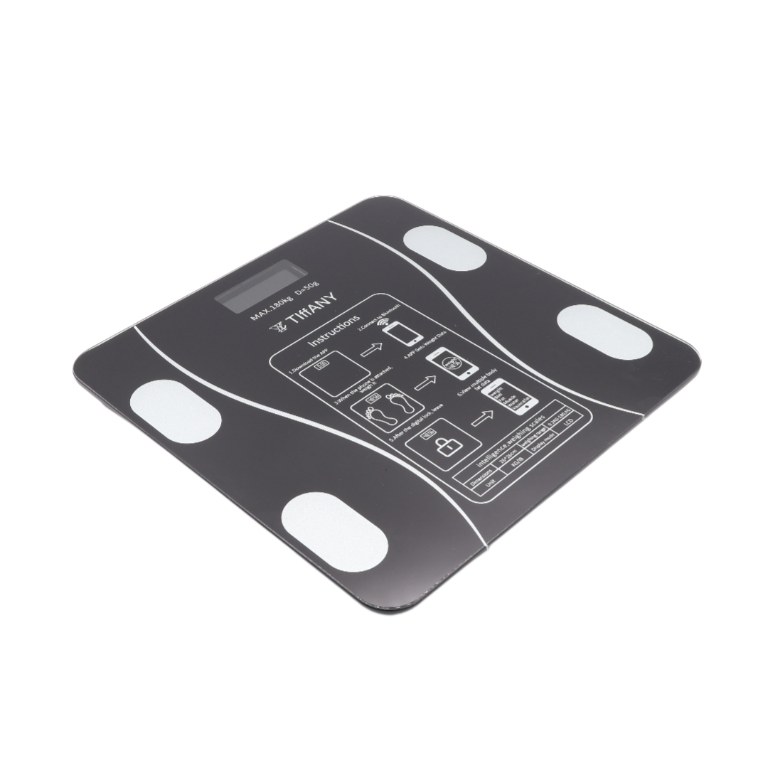 Cântar corporal inteligent cu Bluetooth Tiffany TF-775, sticlă, negru, 26 cm x 26 cm x 2 cm, greutatea maximă 180 kg
