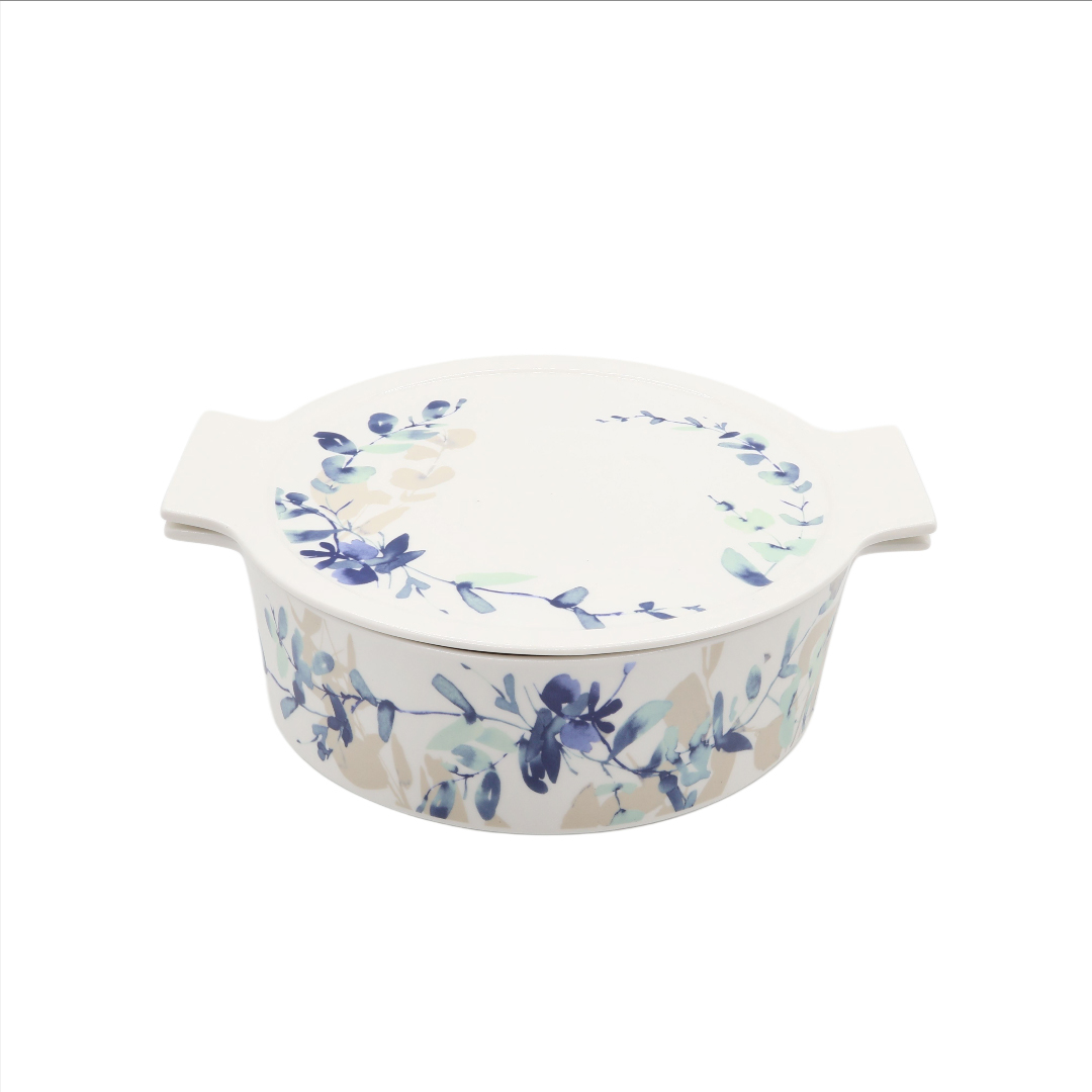 Tavă pentru copt M26-192, cu capac, ceramică, imprimeu frunze, rotundă, 2100 ml, 27 x 23 x 9 cm
