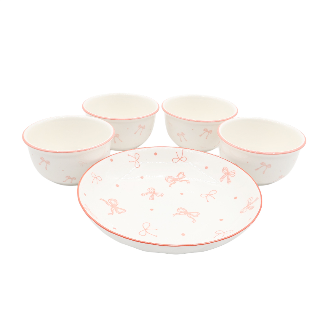 Set 5 boluri M26-220, ceramică, imprimeu fundițe, 11.5 x 5.7 cm / 20 x 3.7 cm