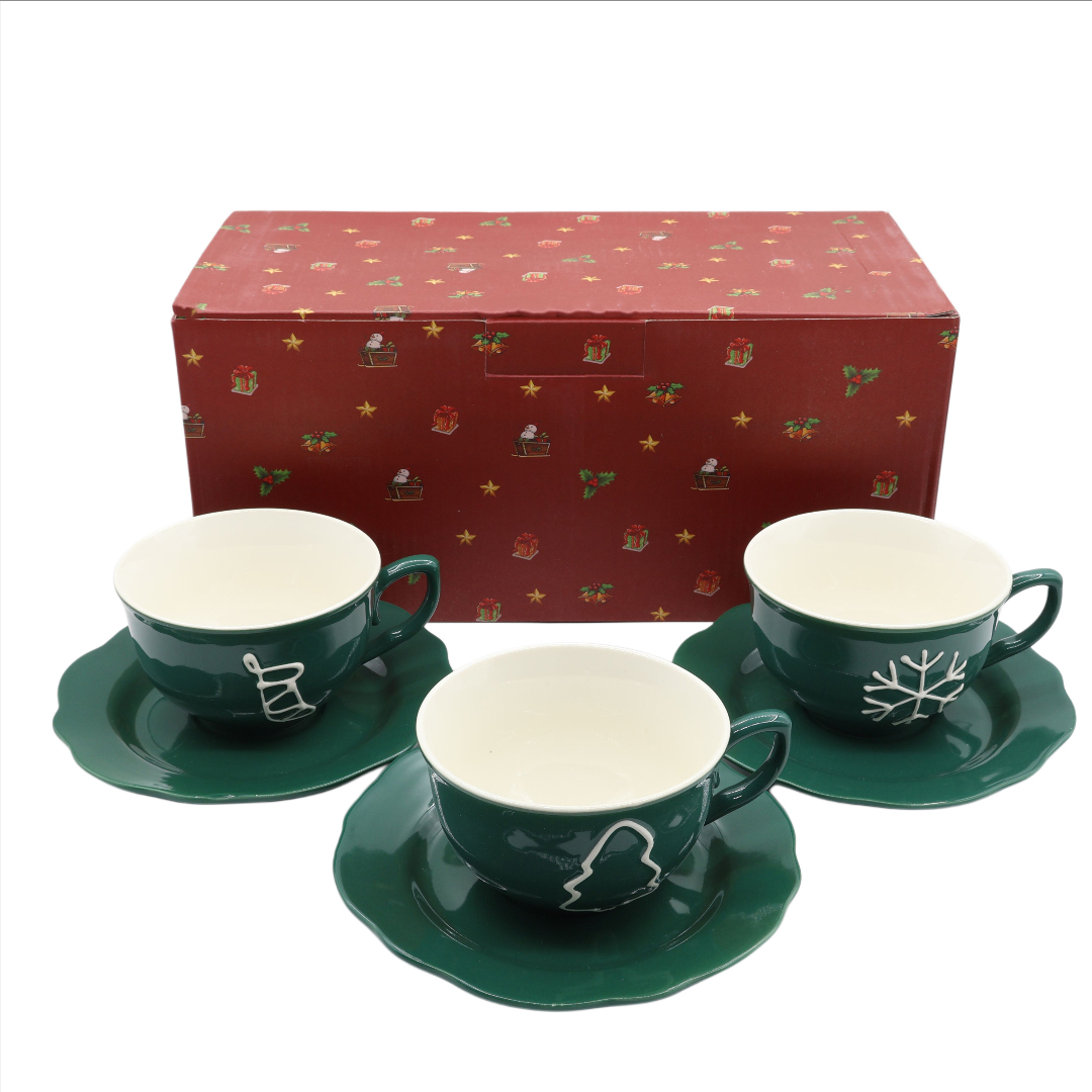 Set 6 cești cu farfurie de Crăciun M21-15, cutie cadou, ceramică, verde - thumbs image 2