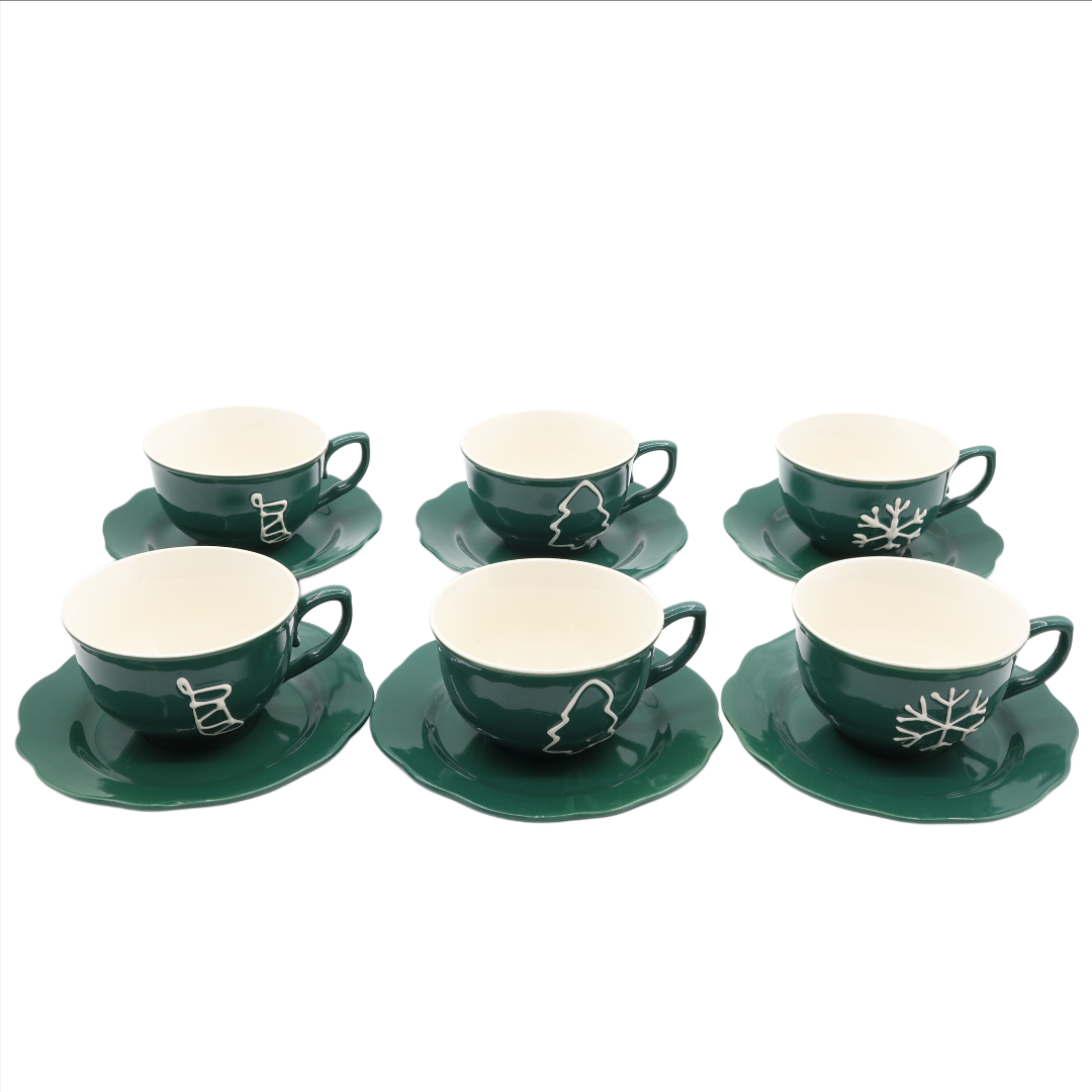 Set 6 cești cu farfurie de Crăciun M21-15, cutie cadou, ceramică, verde