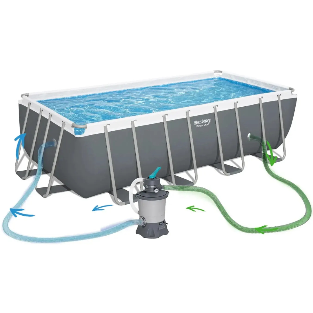 Piscină cu cadru metalic Bestway M25-68, gri, supraterană, cu pompa de filtrare + scara + prelata, 11 532 L,  4.88 m x 2.44 m x 1.22 m - thumbs image 2