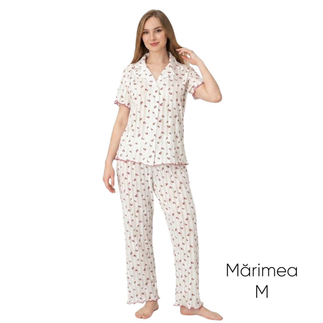 Pijama pentru dame Mirano, maiou cu pantaloni, 1703, albă cu flori roz, M-L-XL - M