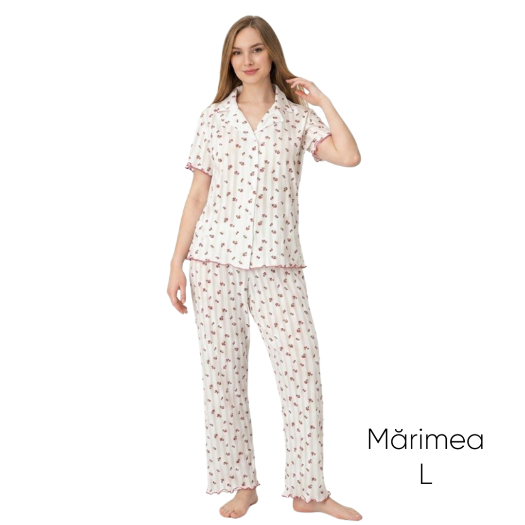 Pijama pentru dame Mirano, maiou cu pantaloni, 1703, albă cu flori roz, M-L-XL - thumbs image 1