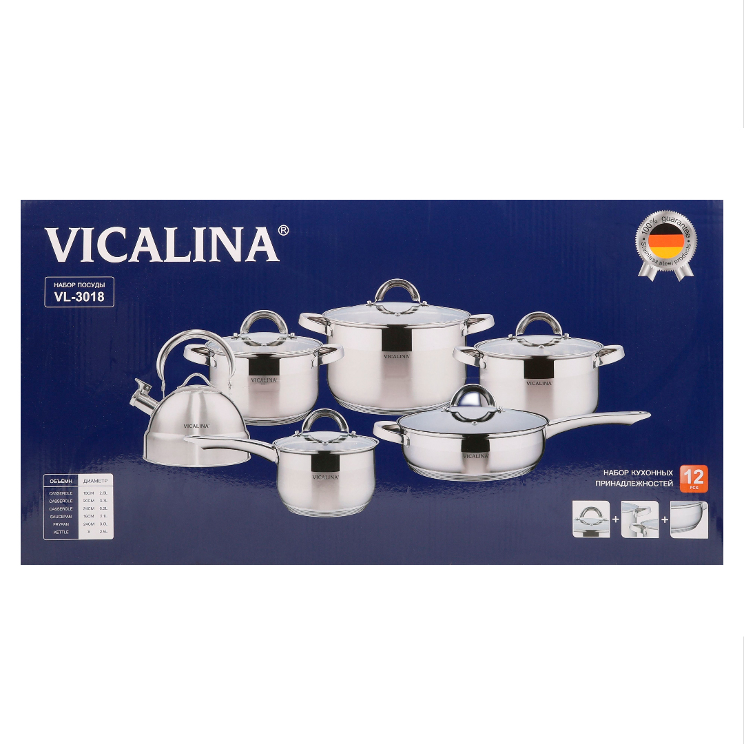 Set din 12 piese Vicalina VL-3018, oțel inoxibil, (24 cm - 6.2 L), (20 cm - 3.7 L), (18 cm - 2.6 L), (16 cm - 2.1 L), (24 cm - 3 L), 2.5 L - thumbs image 8