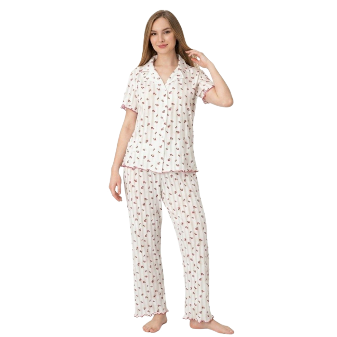 Pijama pentru dame Mirano, maiou cu pantaloni, 1703, albă cu flori roz, M-L-XL