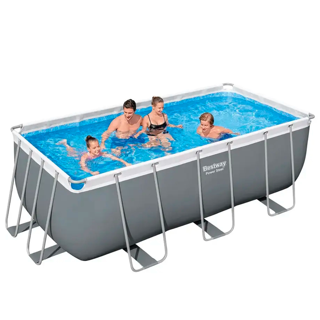 Piscină cu cadru metalic Bestway M25-65, gri, supraterană, cu pompă de filtrare + scara, 8124 L,  4.12 m x 2.01 m x 1.22 m
