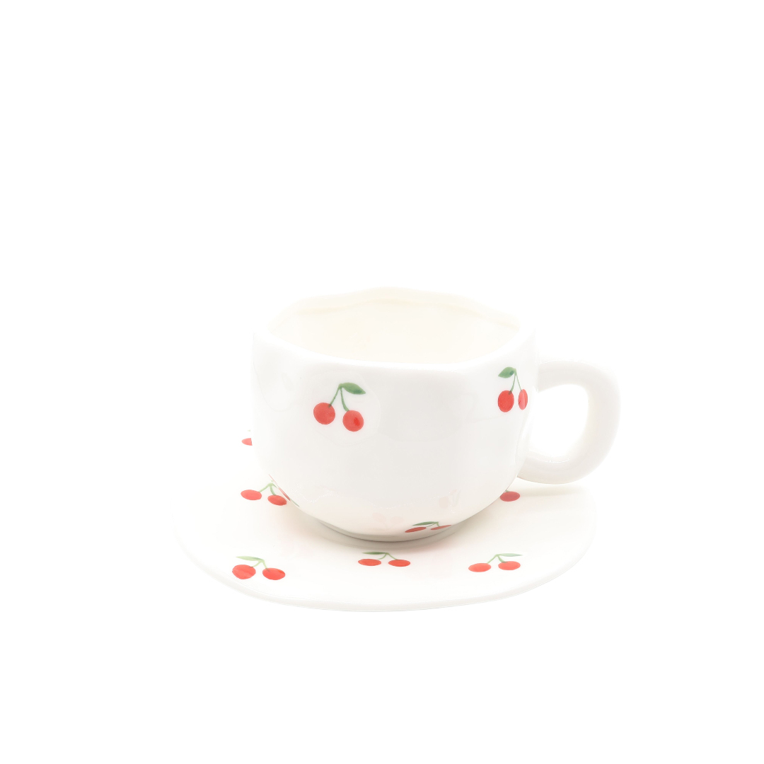Ceașcă cu farfurie, M20-194-1, ceramică, imprimeu cireșe, 300 ml