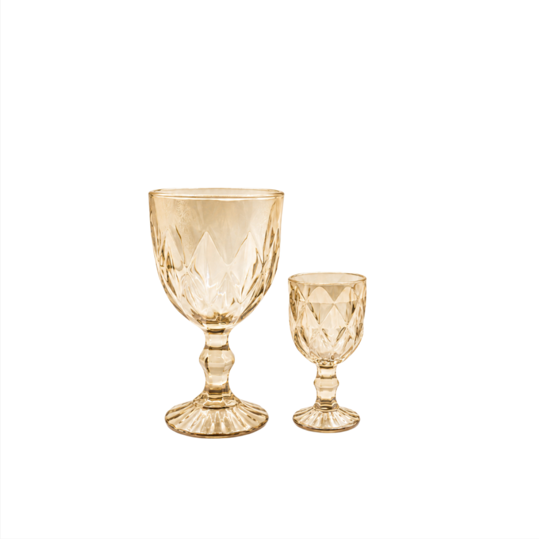 Set 6 + 6 pahare de vin și tărie, M27-174, aurii, sticlă, 300 ml, 60 ml