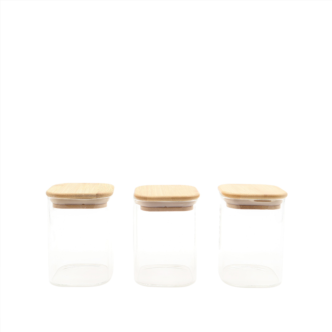 Set 3 recipiente pentru condimente DELI Glass, M27-184, sticlă cu capac de bambus 220 ml,  6 x 6 x 8.7 cm