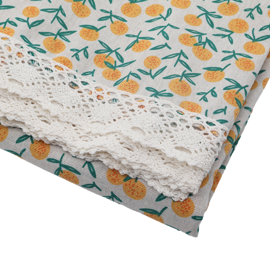 Față de masă cu dantelă, M24-160-3, Poliester, bej, imprimeu cu mandarine, 150cm*180cm