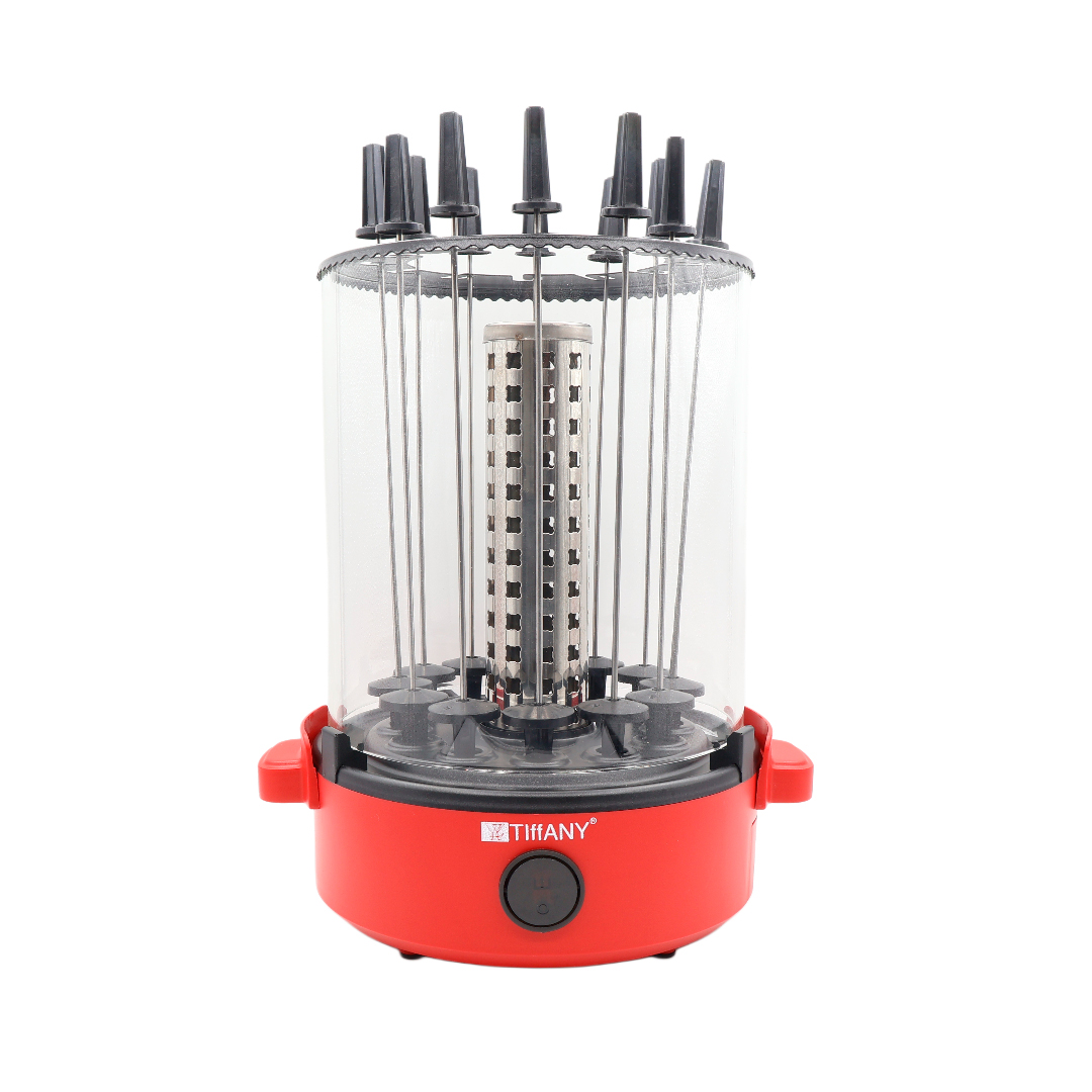 Grătar vertical electric pentru frigarui Tiffany TF-8008, roșu, plastic, sticlă și oțel inoxibil, 12 țepușe, rotație 360° , 1800 W