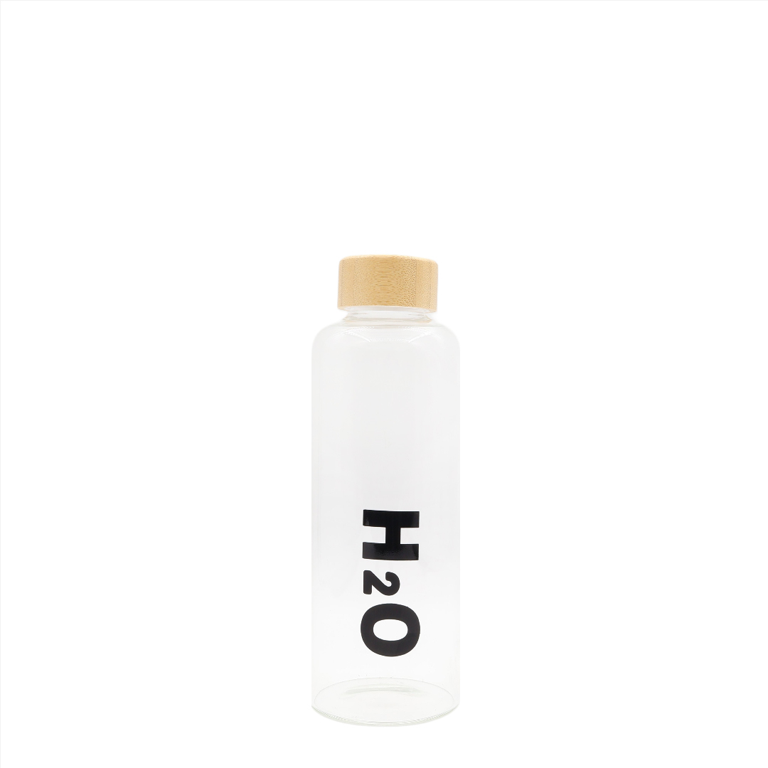Sticlă de apă cu capac bambus, M27-176, 700 ml, imprimeu H2O